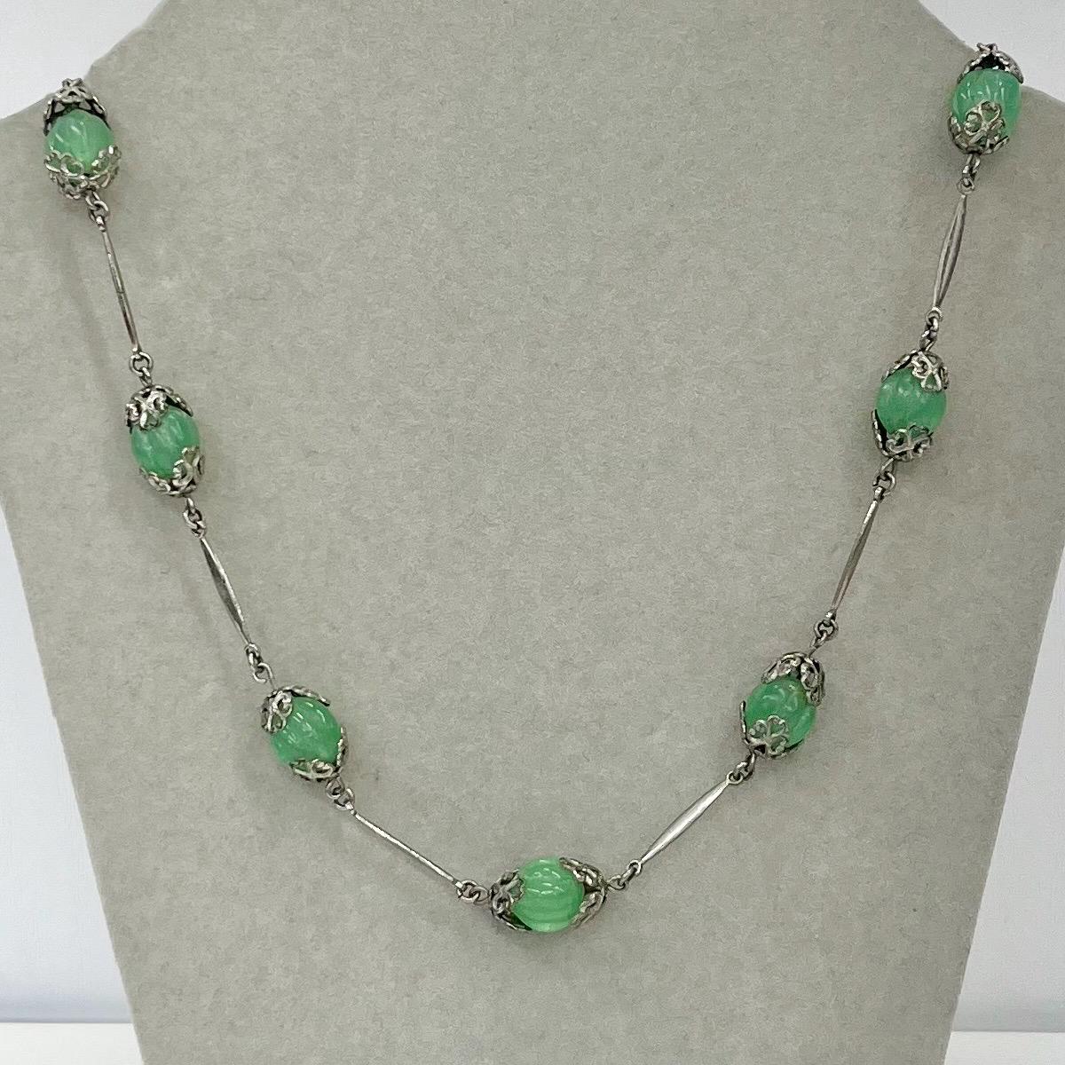 Vintage Art Deco Green Uranium Melon Glass Bead Necklace Silver Plate Links UV Reactive Glow Jewellery TheGreenGlassGemShop