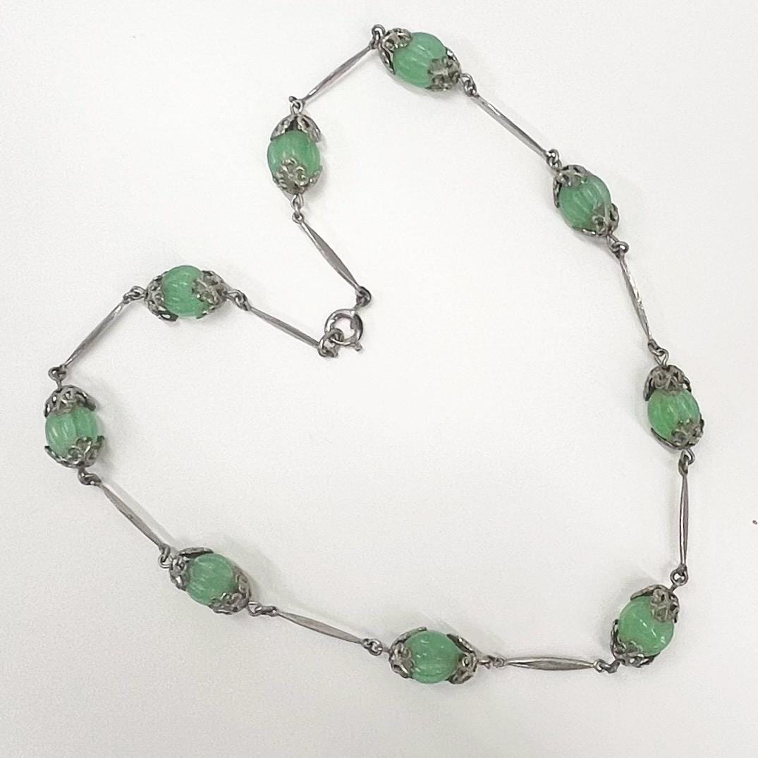 Vintage Art Deco Green Uranium Melon Glass Bead Necklace Silver Plate Links UV Reactive Glow Jewellery TheGreenGlassGemShop