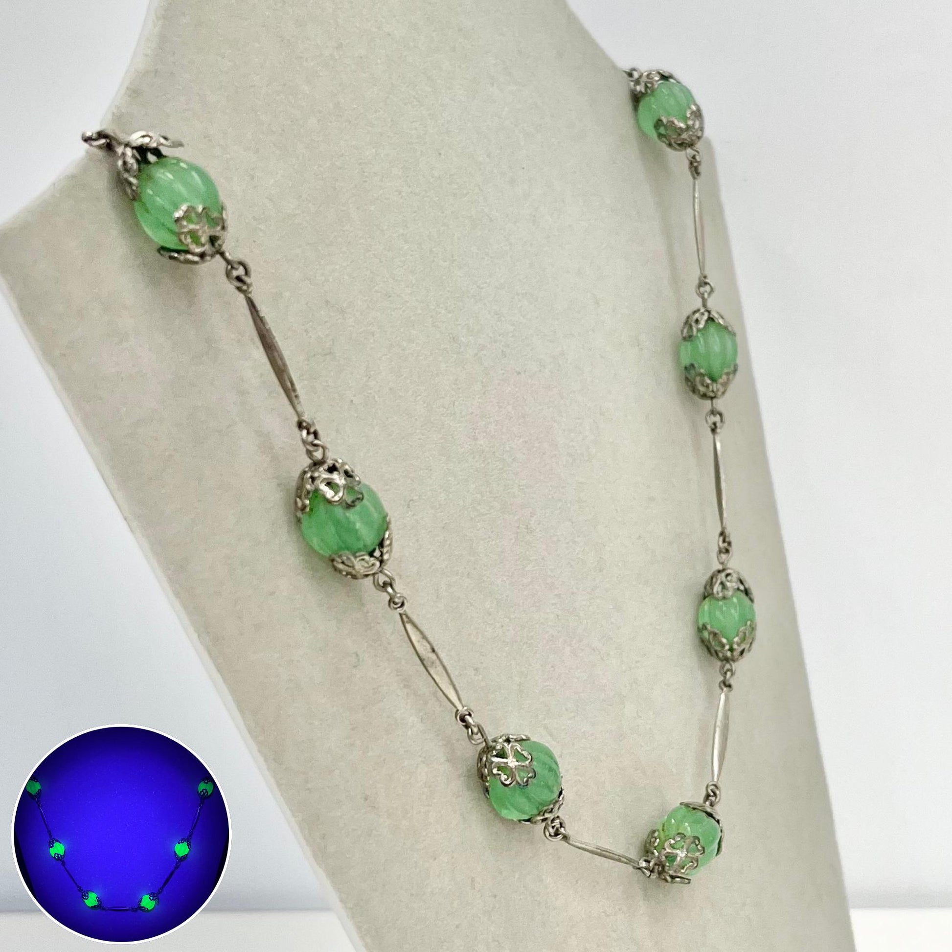 Vintage Art Deco Green Uranium Melon Glass Bead Necklace Silver Plate Links UV Reactive Glow Jewellery TheGreenGlassGemShop