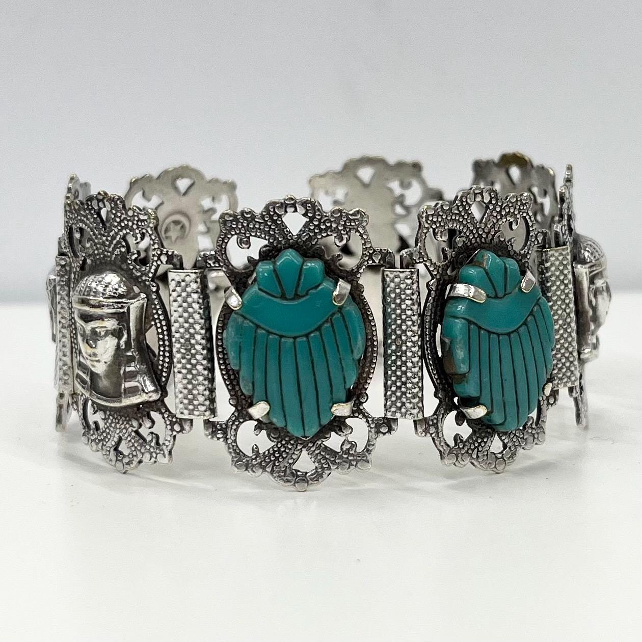 Vintage Silver Plate 1960’s 1970’s Wide Neiger Style Egyptian Revival Bracelet with Turquoise Scarab Beatles Costume Jewellery 7” TheGreenGlassGemShop