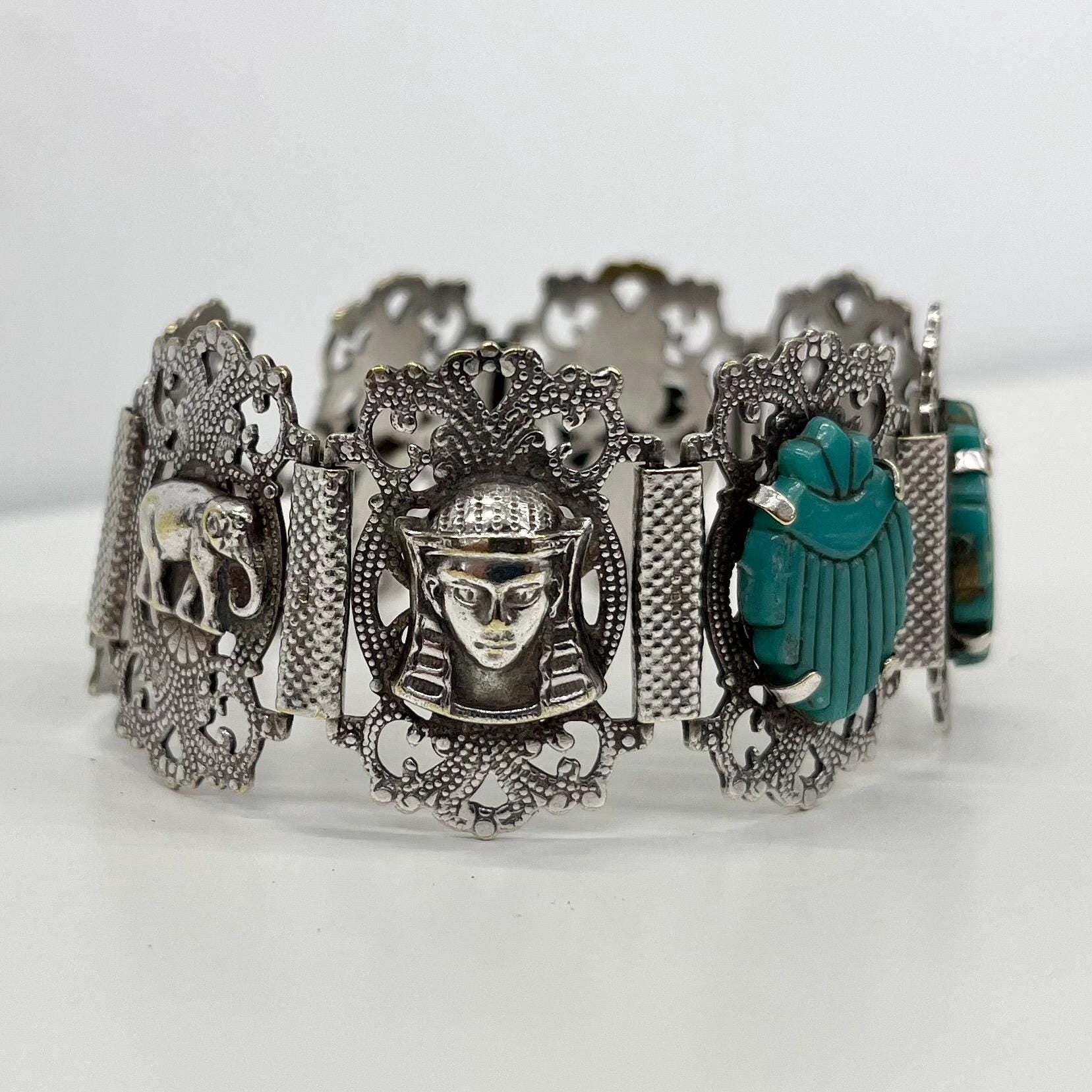 Vintage Silver Plate 1960’s 1970’s Wide Neiger Style Egyptian Revival Bracelet with Turquoise Scarab Beatles Costume Jewellery 7” TheGreenGlassGemShop