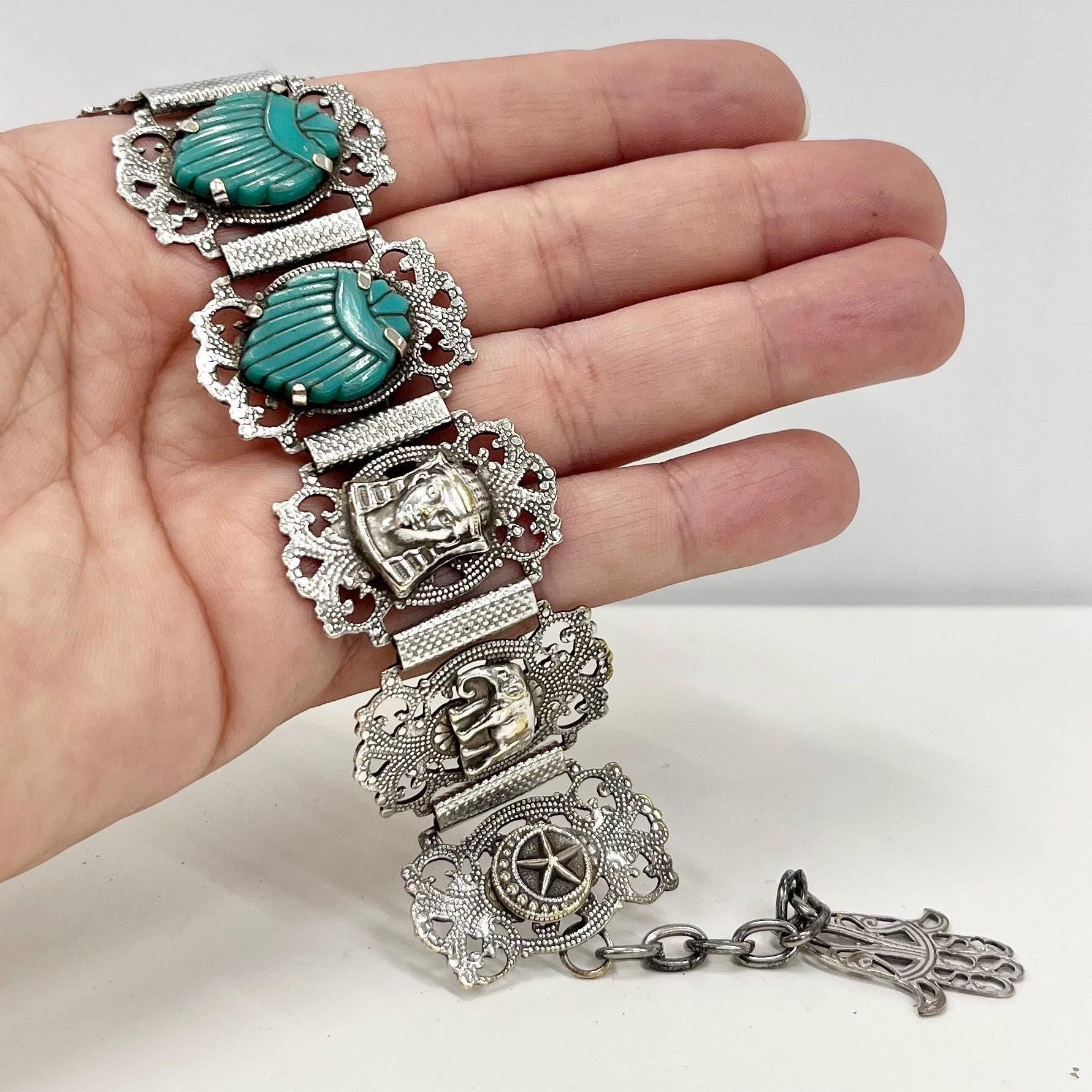 Vintage Silver Plate 1960’s 1970’s Wide Neiger Style Egyptian Revival Bracelet with Turquoise Scarab Beatles Costume Jewellery 7” TheGreenGlassGemShop