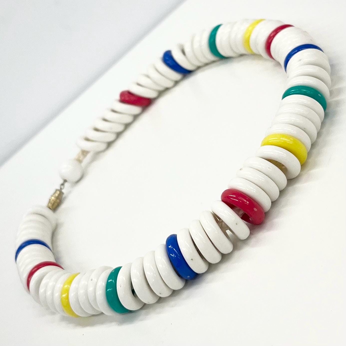 Vintage Chunky White Ringed Acrylic / Plastic Bead Rope Necklace Natutical Statement Piece Vintage Jewellery 17” Long TheGreenGlassGemShop