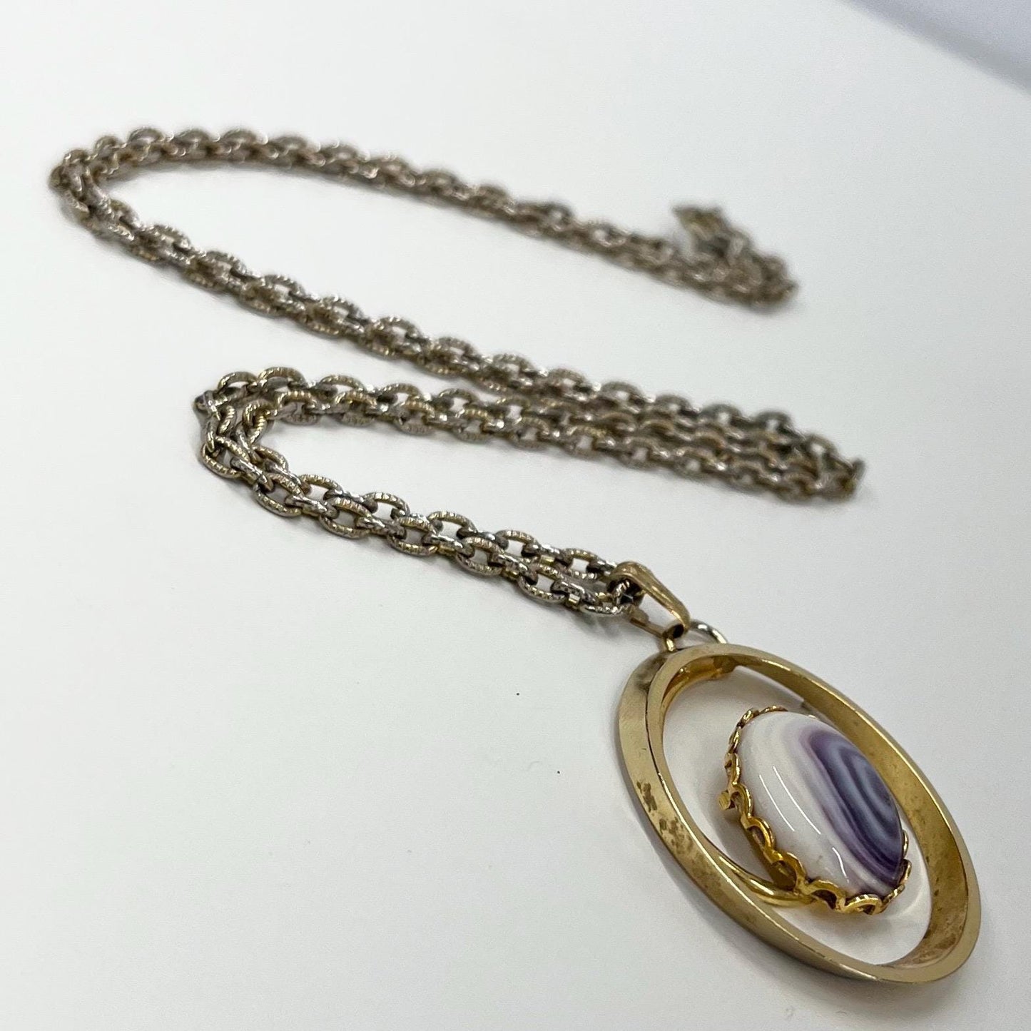 Vintage 1970‘s Gold Tone Amethyst White Czech Glass Pendant Necklace Gold Tone Brutalist Design on a 24” Chain TheGreenGlassGemShop