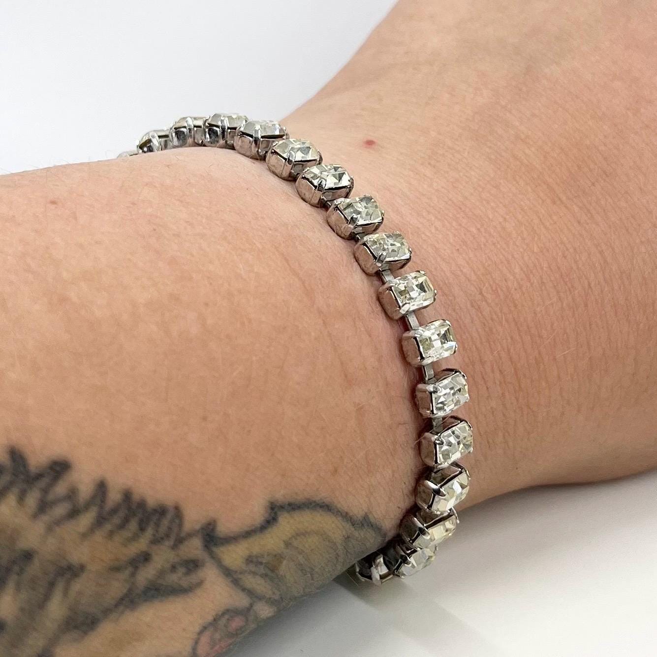 Vintage Silver Tone Clear Emerald Cut Crystal Tennis Bracelet Excellent Quality Glass Costume Jewellery 7.5” TheGreenGlassGemShop