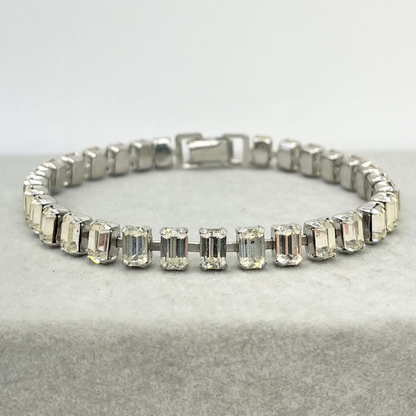 Vintage Silver Tone Clear Emerald Cut Crystal Tennis Bracelet Excellent Quality Glass Costume Jewellery 7.5” TheGreenGlassGemShop