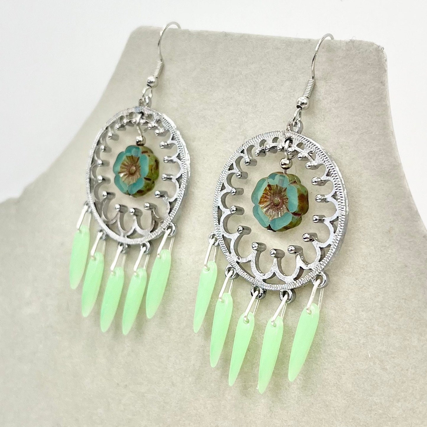 Handmade Green Uranium Glass Dagger Bead Drop Flower Earrings Circular Chandelier Style UV Reactive Glow Czech Vaseline Glass TheGreenGlassGemShop