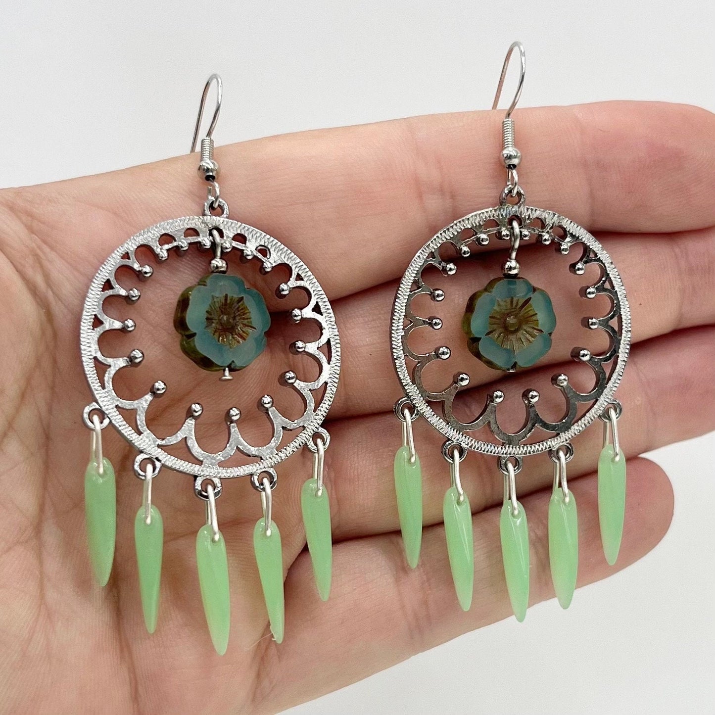 Handmade Green Uranium Glass Dagger Bead Drop Flower Earrings Circular Chandelier Style UV Reactive Glow Czech Vaseline Glass TheGreenGlassGemShop