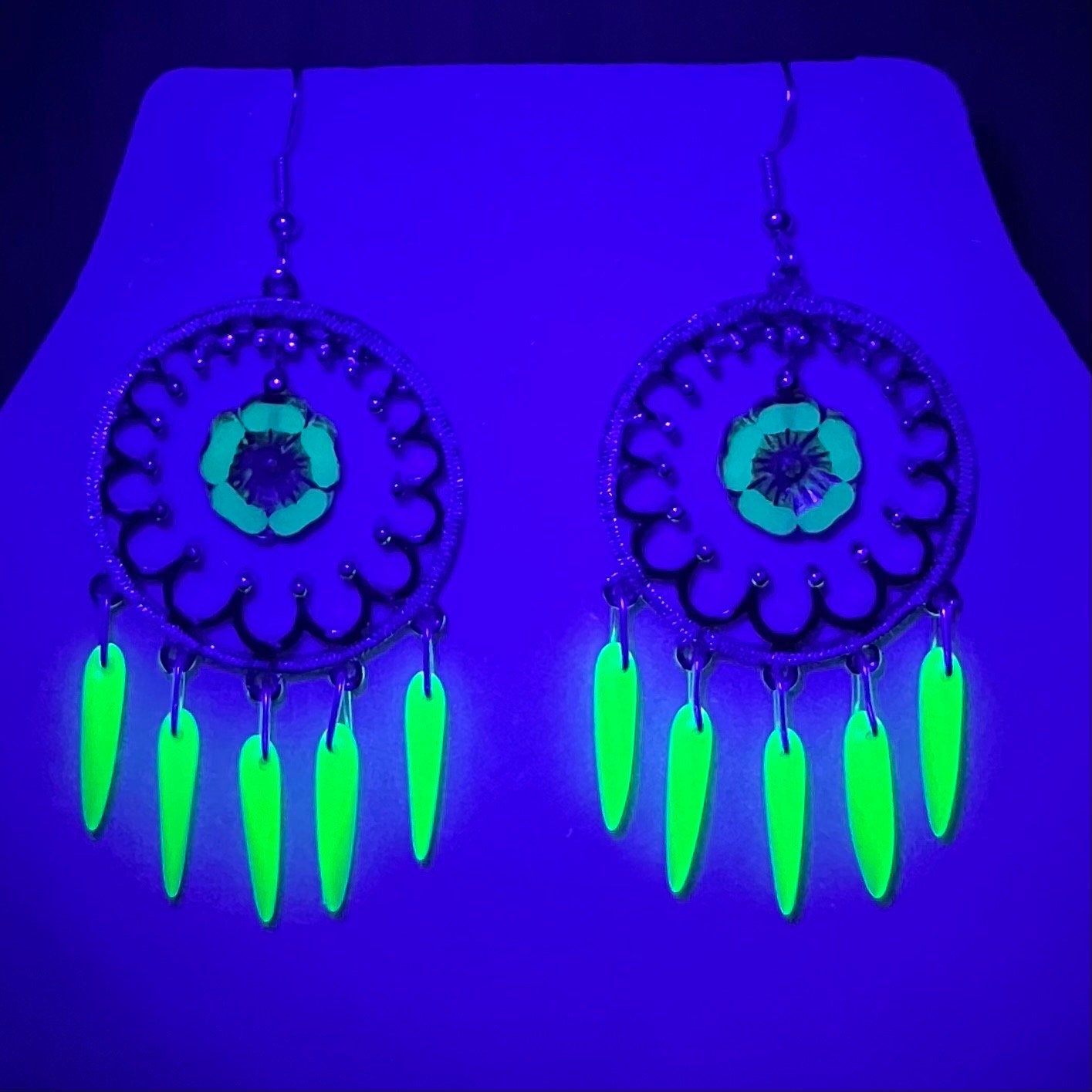 Handmade Green Uranium Glass Dagger Bead Drop Flower Earrings Circular Chandelier Style UV Reactive Glow Czech Vaseline Glass TheGreenGlassGemShop