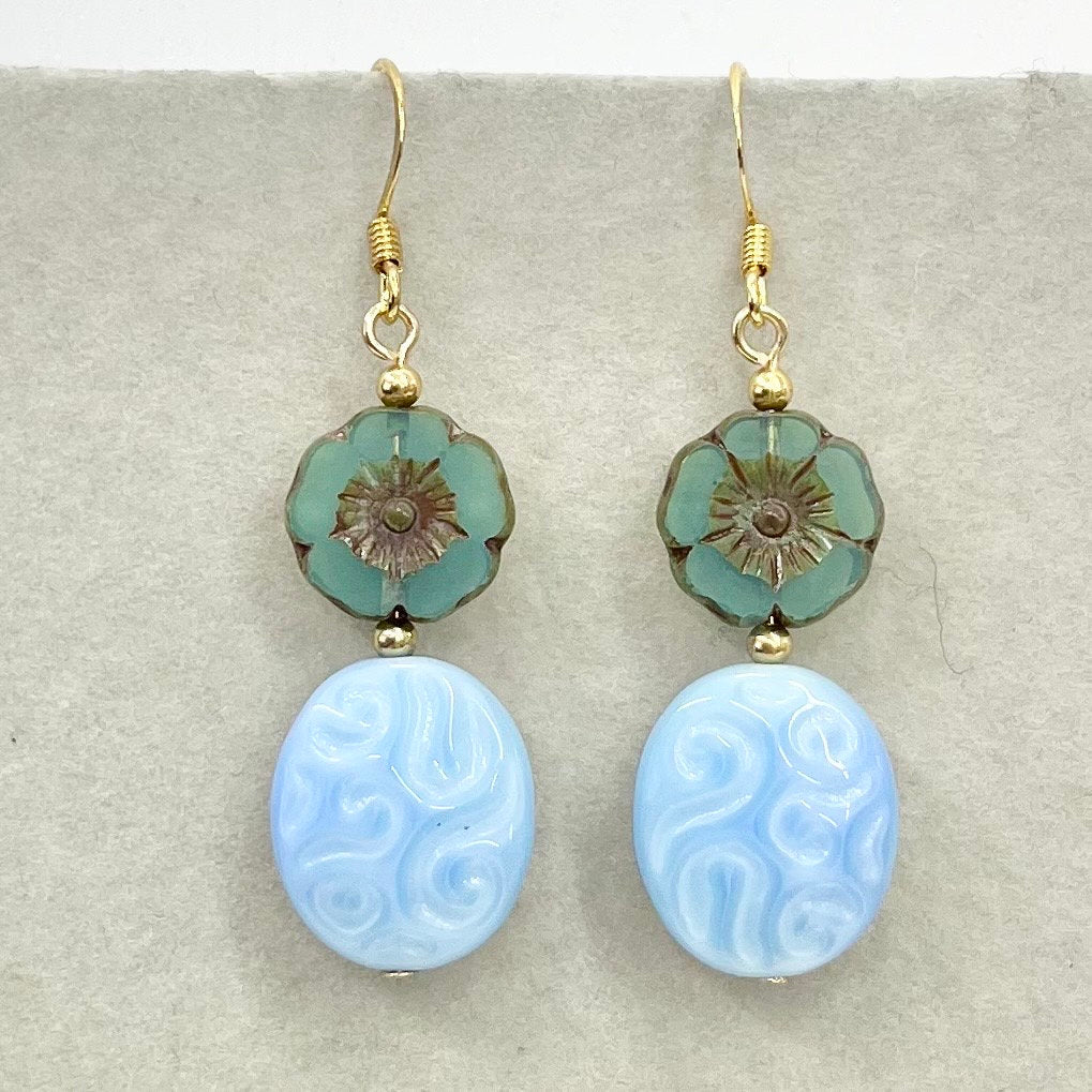 Vintage Blue Swirl & Glass Flower Uranium Czech Bead Drop Earrings with a Picssso Finished Gold Plate UV Reactive Glow TheGreenGlassGemShop