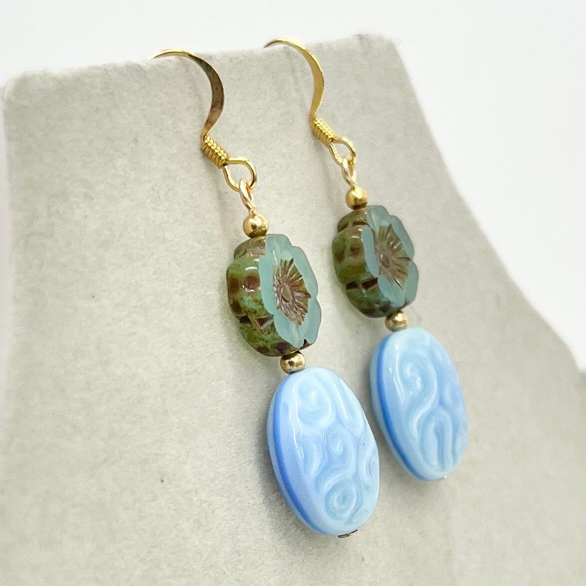 Vintage Blue Swirl & Glass Flower Uranium Czech Bead Drop Earrings with a Picssso Finished Gold Plate UV Reactive Glow TheGreenGlassGemShop