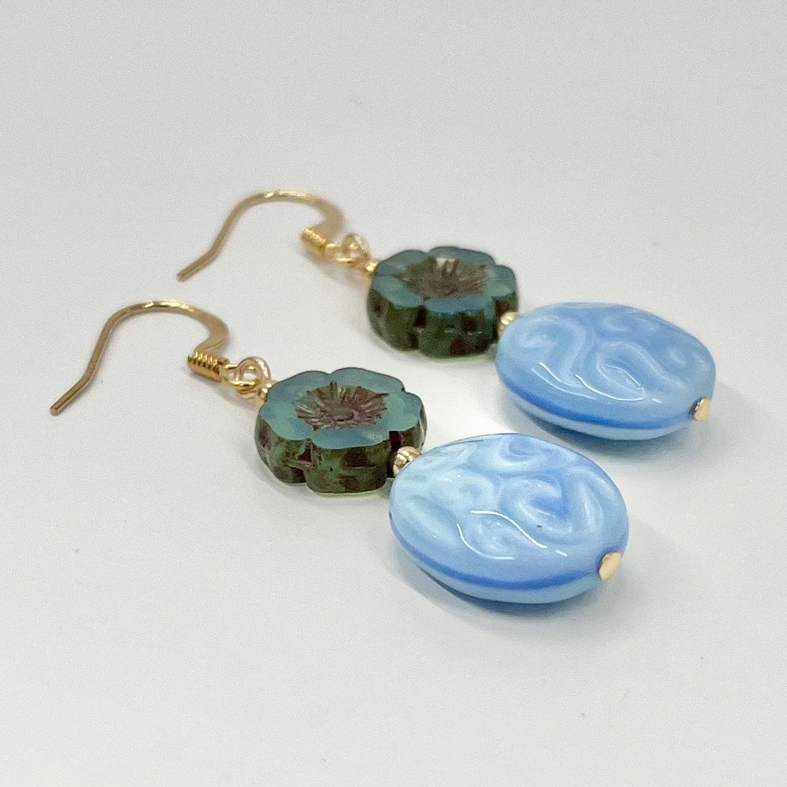 Vintage Blue Swirl & Glass Flower Uranium Czech Bead Drop Earrings with a Picssso Finished Gold Plate UV Reactive Glow TheGreenGlassGemShop