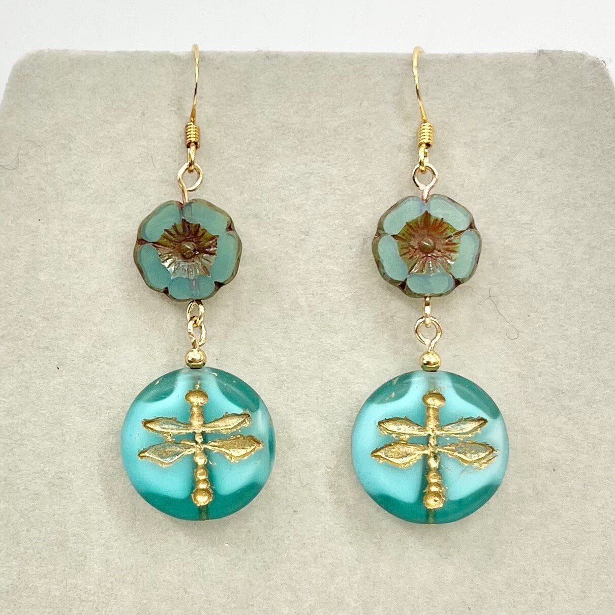 Vintage Blue Dragonfly Bead & Glass Flower Uranium Czech Bead Drop Earrings Gold Plate UV Reactive Glow TheGreenGlassGemShop