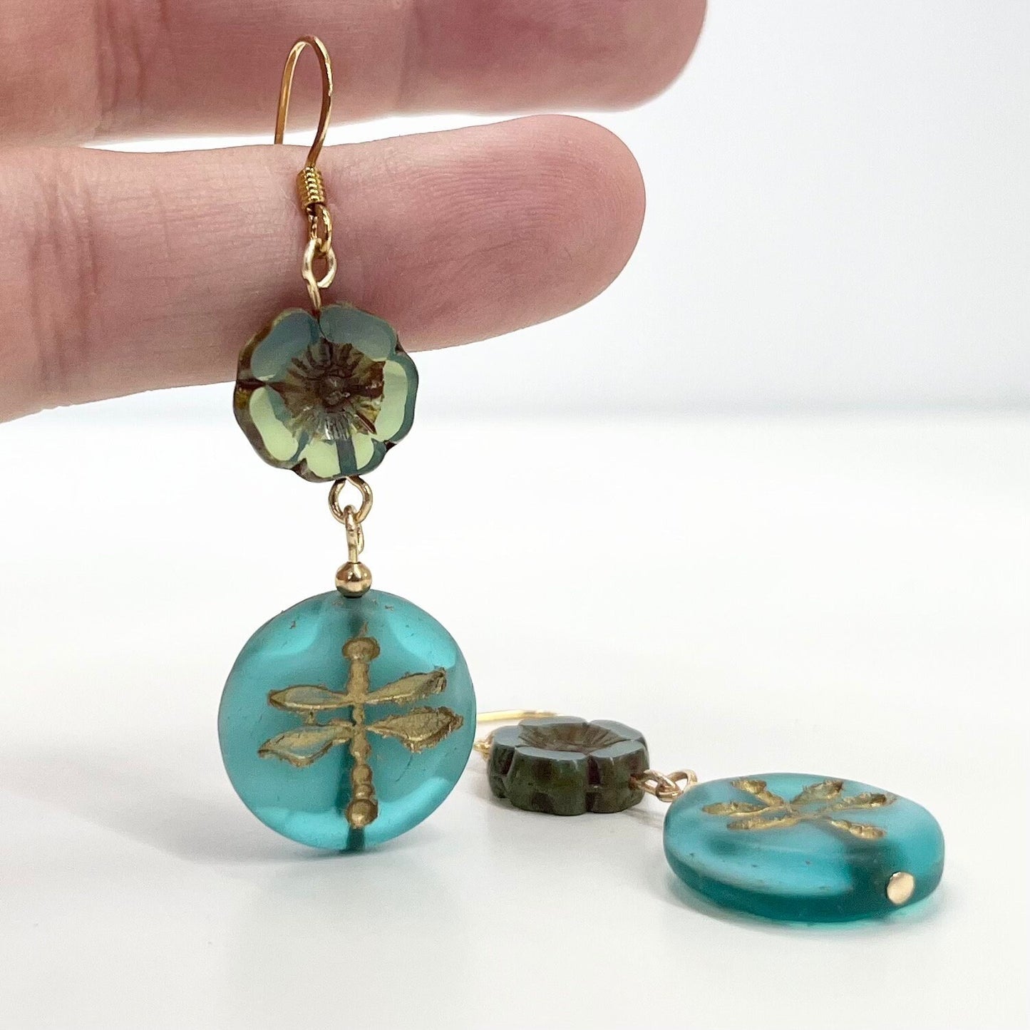 Vintage Blue Dragonfly Bead & Glass Flower Uranium Czech Bead Drop Earrings Gold Plate UV Reactive Glow TheGreenGlassGemShop