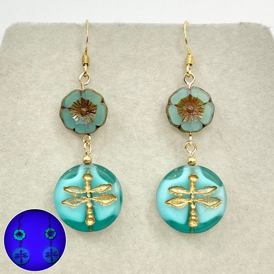 Vintage Blue Dragonfly Bead & Glass Flower Uranium Czech Bead Drop Earrings Gold Plate UV Reactive Glow TheGreenGlassGemShop