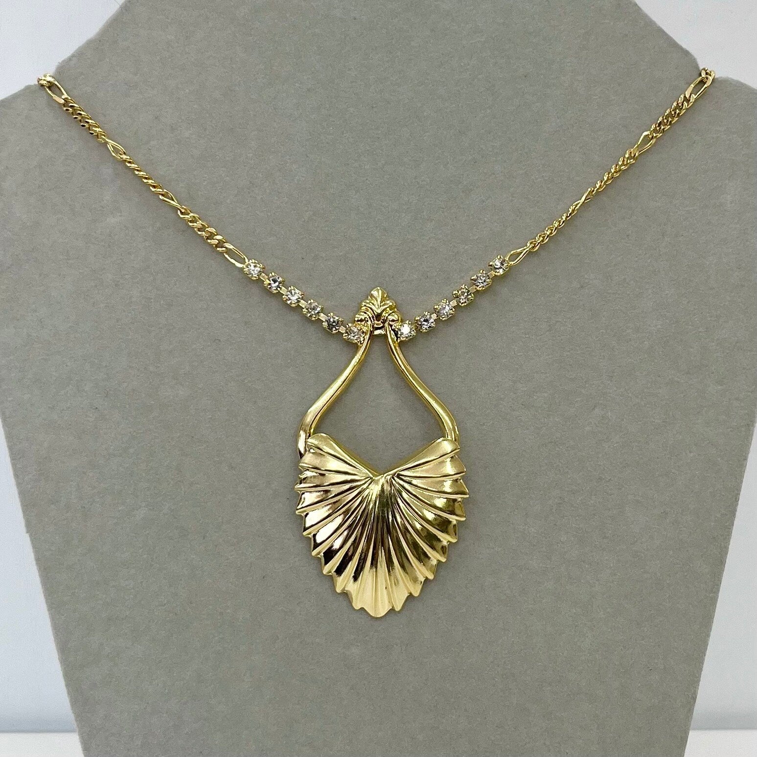 Vintage Gold Plated Art Nouveau Shell Drop Design Crystal Necklace Figaro Chain 1980’s New Vintage Dead Stock TheGreenGlassGemShop