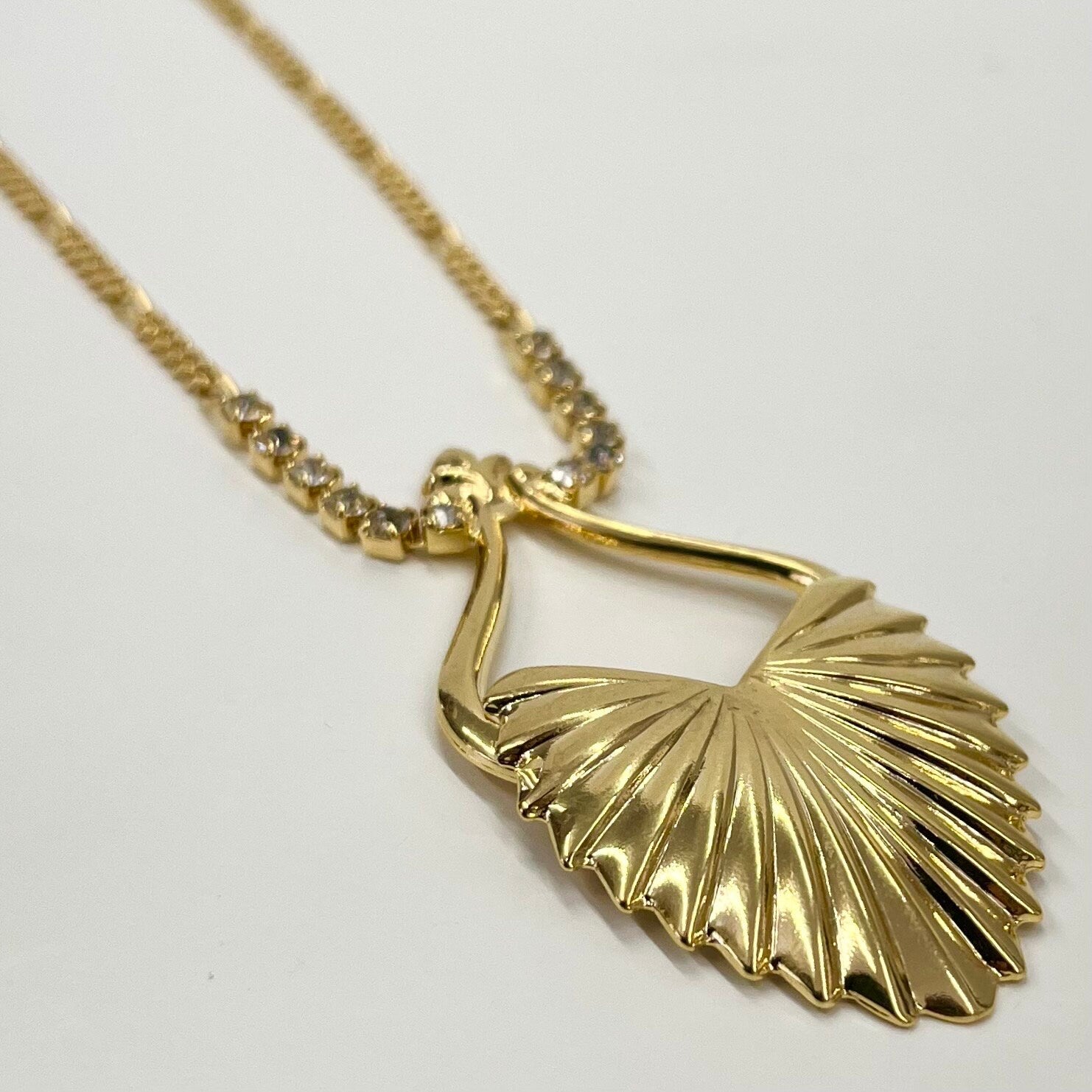 Vintage Gold Plated Art Nouveau Shell Drop Design Crystal Necklace Figaro Chain 1980’s New Vintage Dead Stock TheGreenGlassGemShop