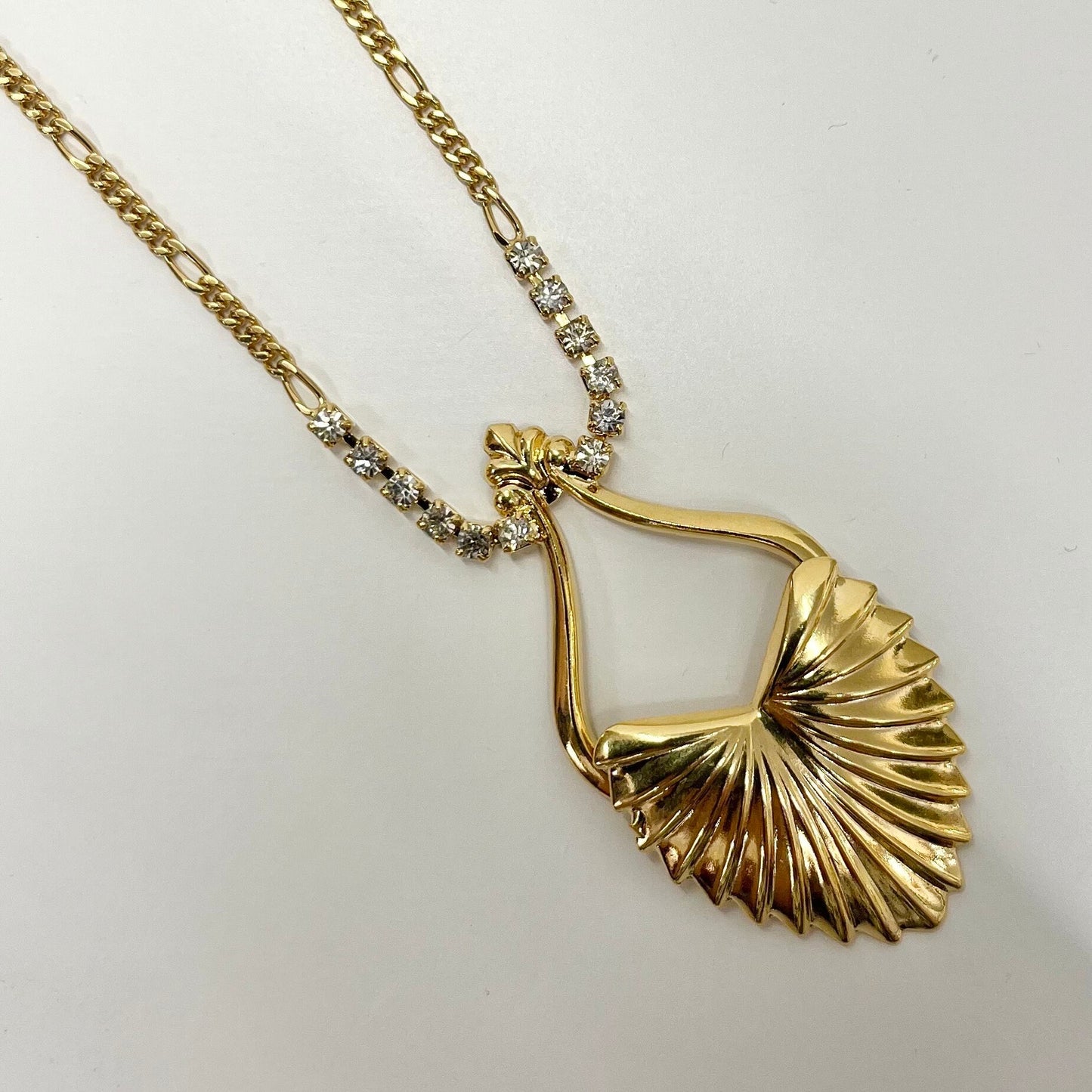 Vintage Gold Plated Art Nouveau Shell Drop Design Crystal Necklace Figaro Chain 1980’s New Vintage Dead Stock TheGreenGlassGemShop