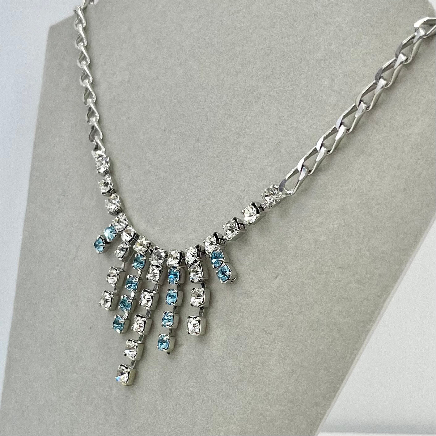 Vintage Silver Plate Blue & White Crystal Waterfall Drop Curb Chain Necklace 1970’s - 1980’s 16.5” Long TheGreenGlassGemShop