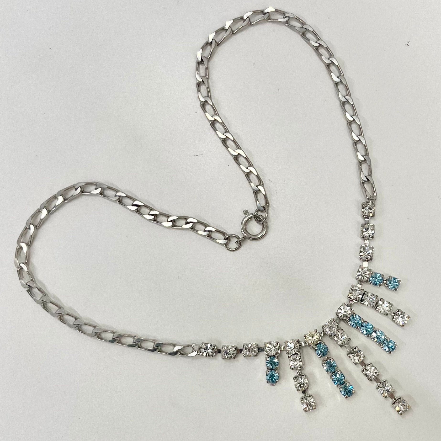 Vintage Silver Plate Blue & White Crystal Waterfall Drop Curb Chain Necklace 1970’s - 1980’s 16.5” Long TheGreenGlassGemShop