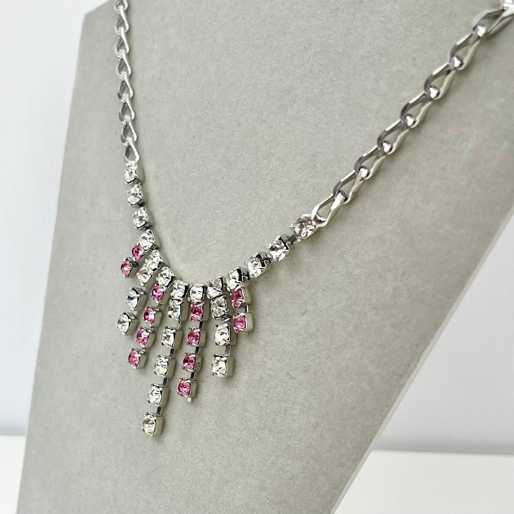 Vintage Silver Plate Pink & White Crystal Waterfall Drop Curb Chain Necklace 1970’s - 1980’s 16.5” Long TheGreenGlassGemShop