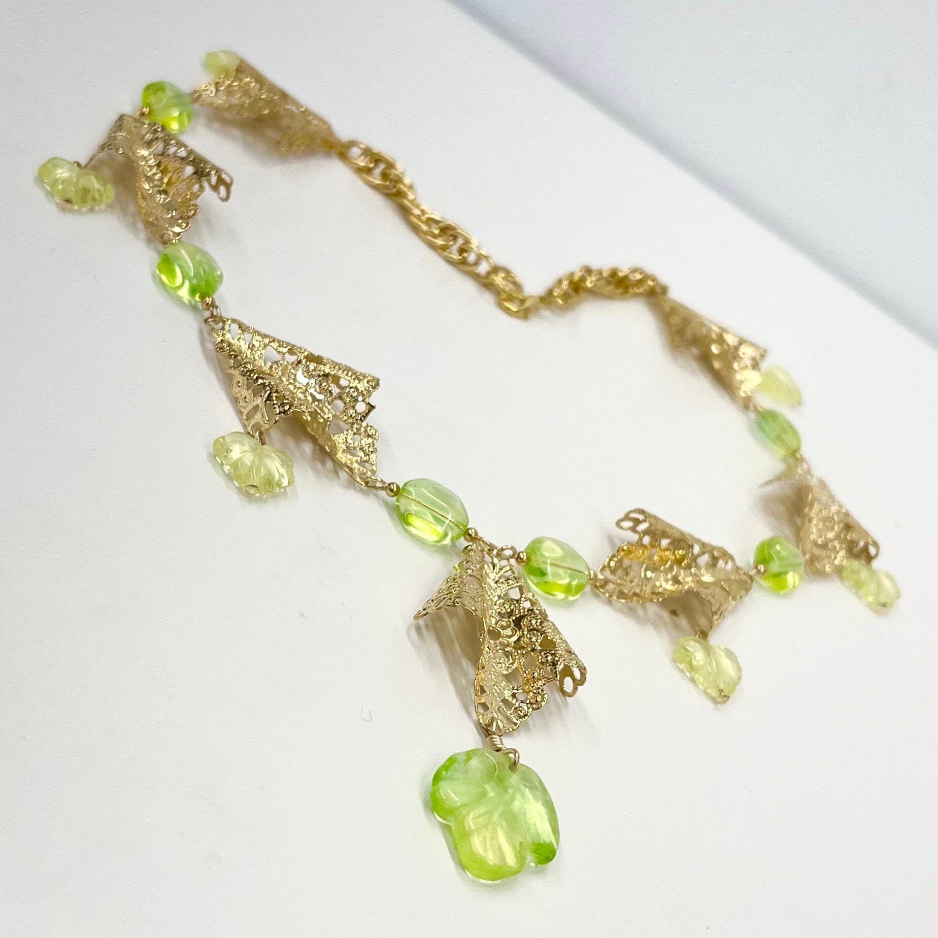 Handmade Yellow Green Uranium Glass Drop Bead Czech Brass Stamping Necklace Bright Green Under UV Light UV Reactive Glow Jewellery TheGreenGlassGemShop