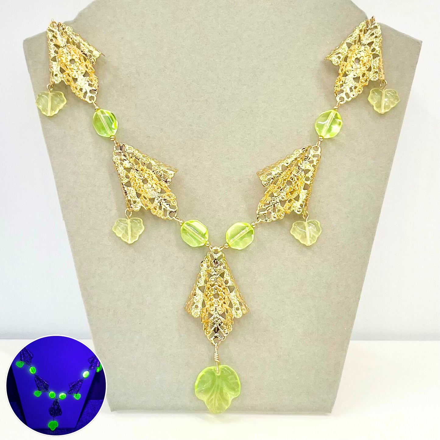 Handmade Yellow Green Uranium Glass Drop Bead Czech Brass Stamping Necklace Bright Green Under UV Light UV Reactive Glow Jewellery TheGreenGlassGemShop