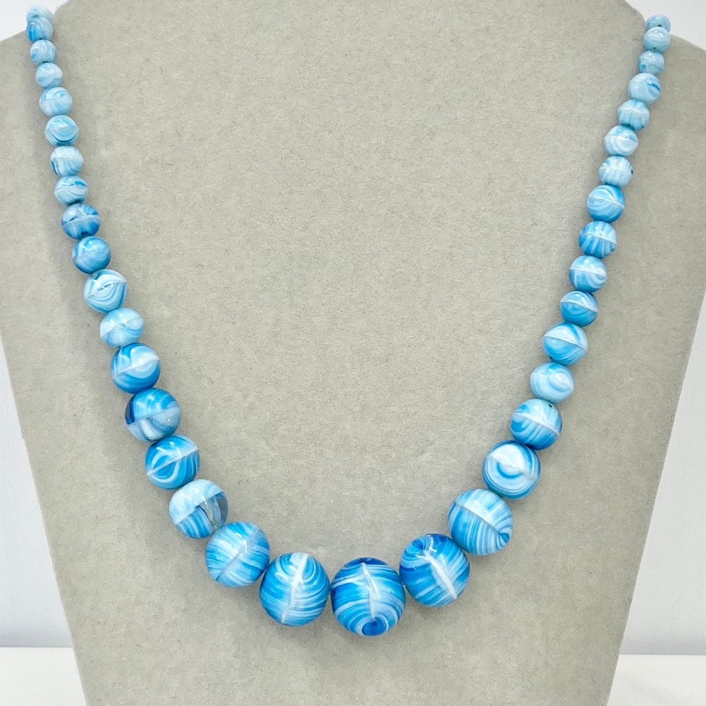 Art Deco 1930’s Long Blue Turquoise Striated Striped Graduated Glass Beaded Necklace Great Quality Beads Vintage Jewellery 23.5” Long TheGreenGlassGemShop