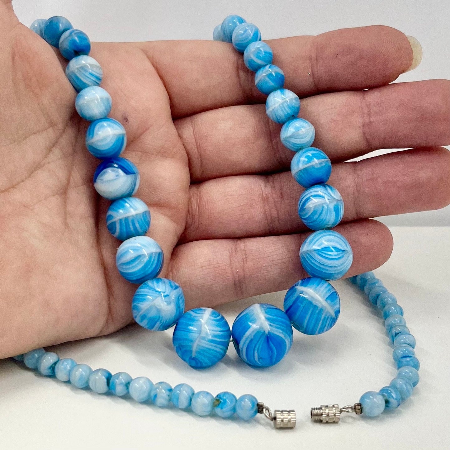 Art Deco 1930’s Long Blue Turquoise Striated Striped Graduated Glass Beaded Necklace Great Quality Beads Vintage Jewellery 23.5” Long TheGreenGlassGemShop