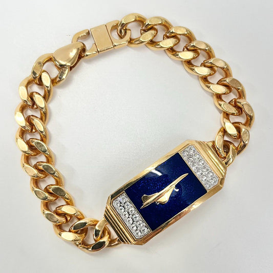 Vintage Gold Plate Heavy Men’s Blue Enamelled Concorde Pilot Bracelet Crystal Accents Power Dressing Costume Jewellery 9” Long TheGreenGlassGemShop