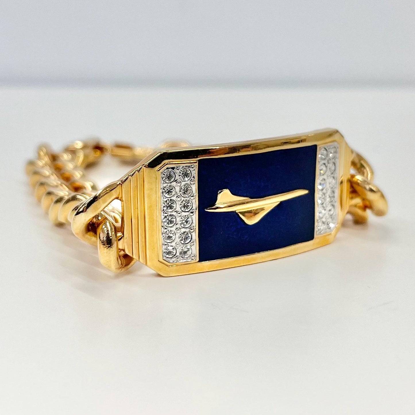 Vintage Gold Plate Heavy Men’s Blue Enamelled Concorde Pilot Bracelet Crystal Accents Power Dressing Costume Jewellery 9” Long TheGreenGlassGemShop