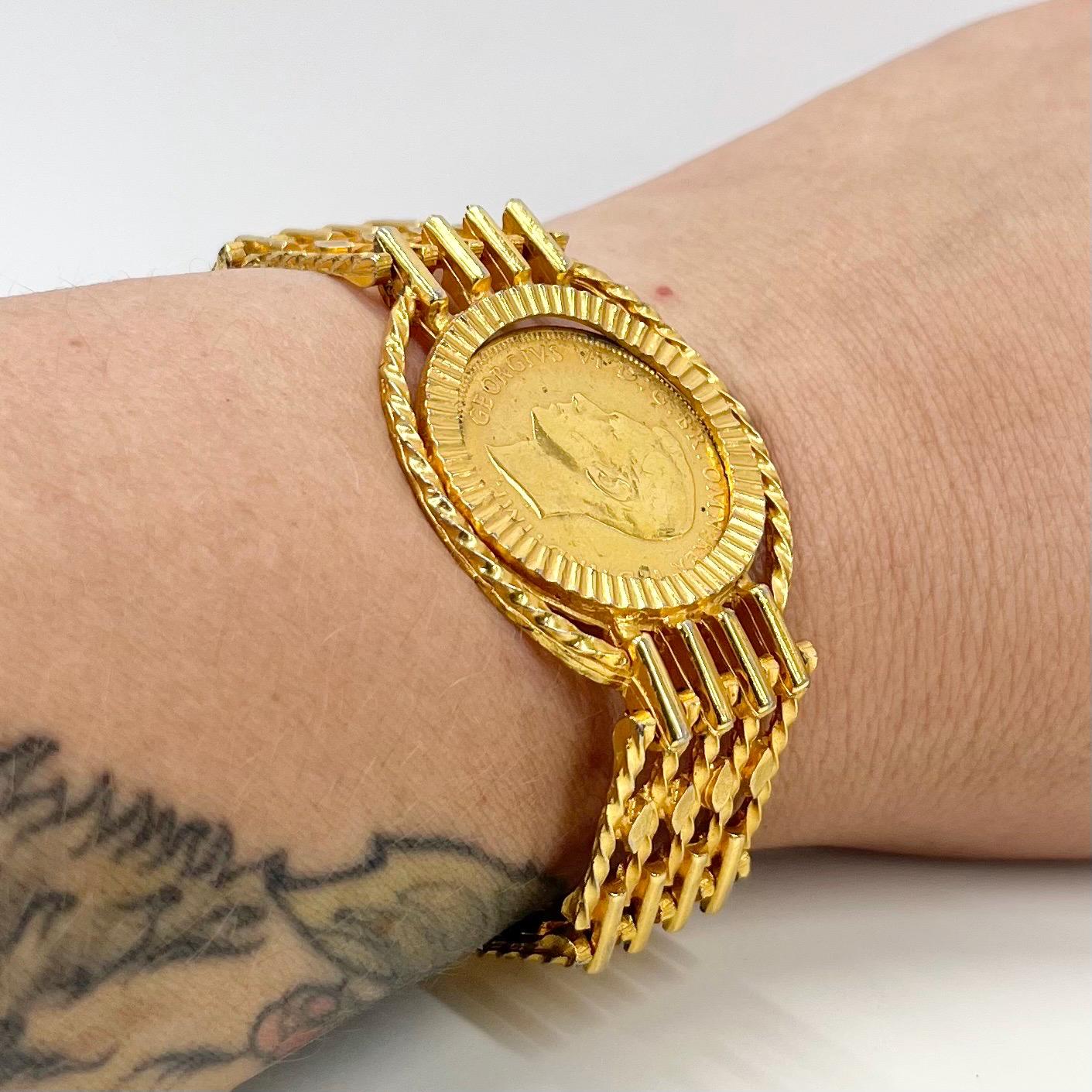 Vintage Kitsch Gold Plate Half Penny Coin Bracelet Crystal Accents Power Dressing Costume Jewellery 7” Long with 1” Extender TheGreenGlassGemShop