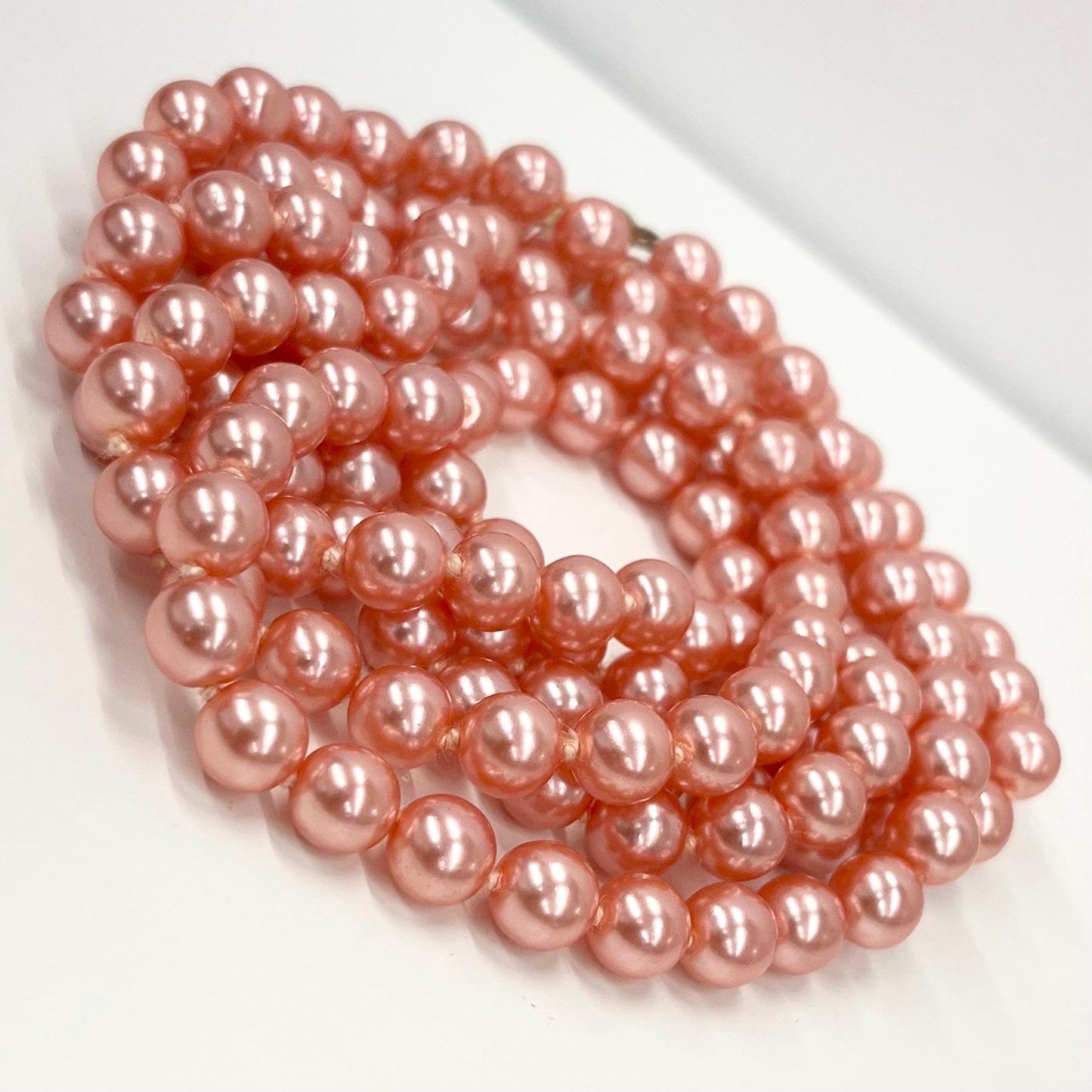 Vintage Long Hand Knotted Pink / Peach Glass Pearl Bead Necklace 54” Long Gold Tone Clasp TheGreenGlassGemShop