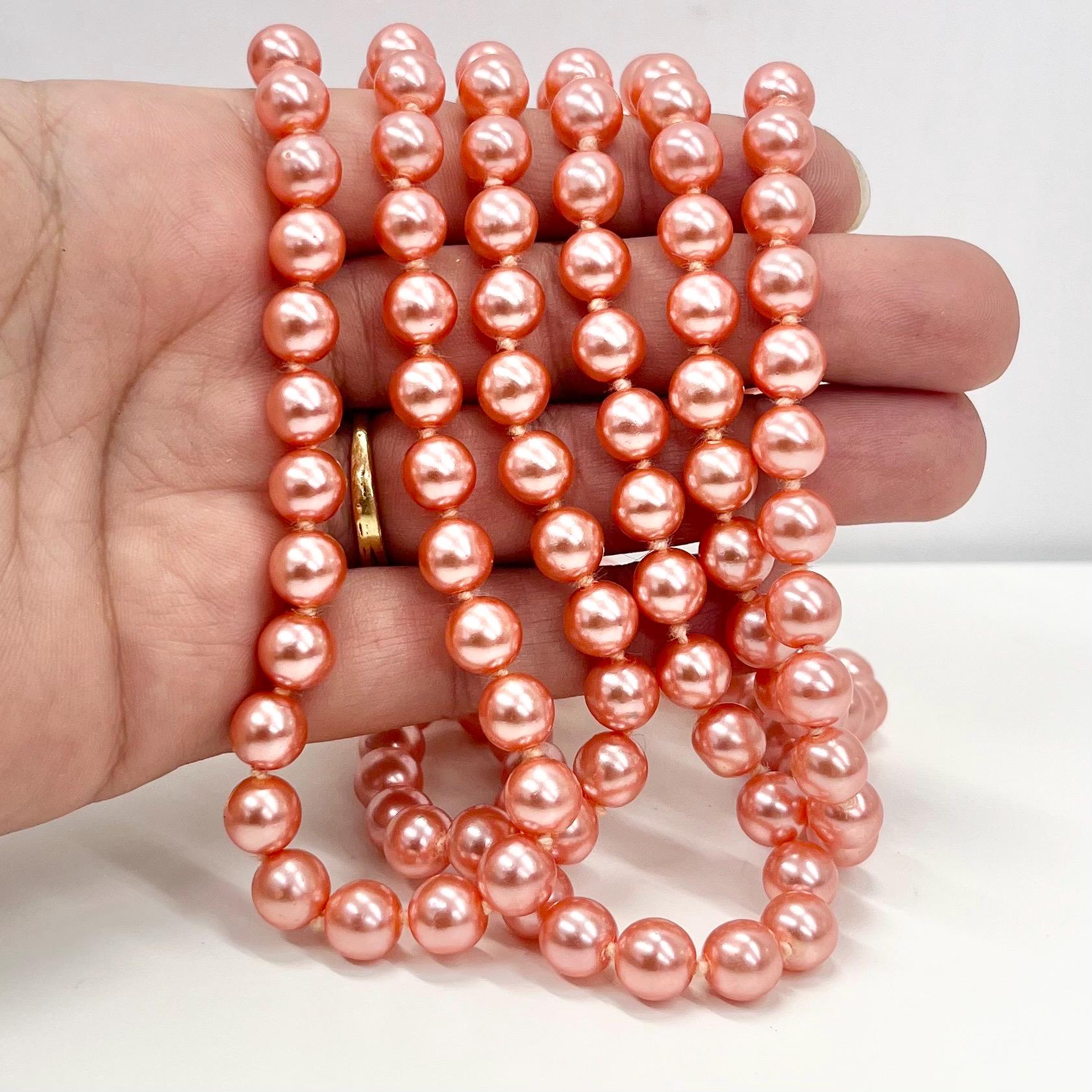 Vintage Long Hand Knotted Pink / Peach Glass Pearl Bead Necklace 54” Long Gold Tone Clasp TheGreenGlassGemShop