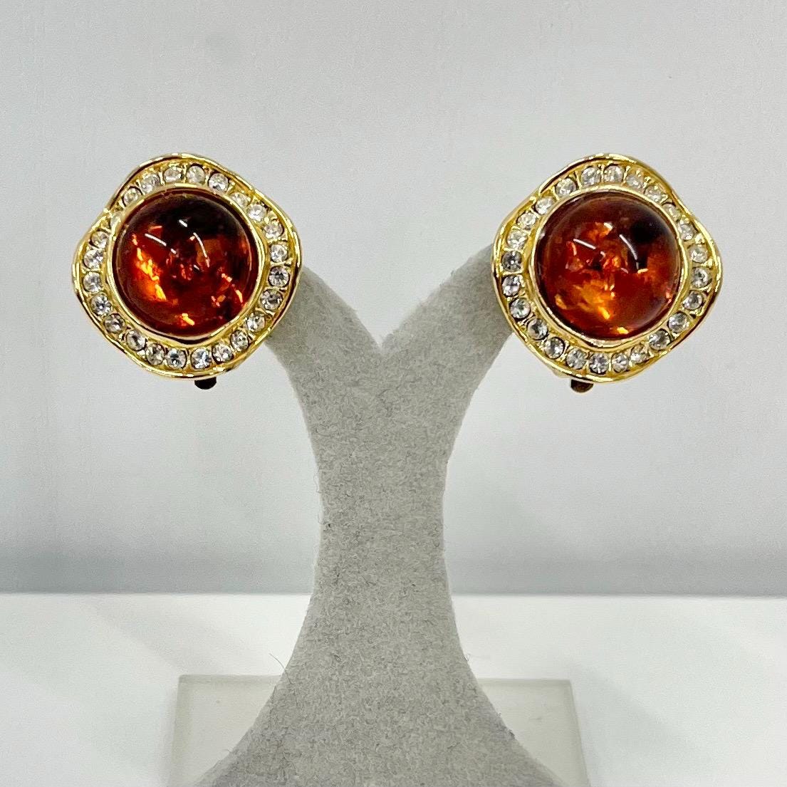 Vintage Faux Amber Round Clip On Earrings with a Clear Diamante Crystal Surround Gold Plated Hollywood Glamour TheGreenGlassGemShop