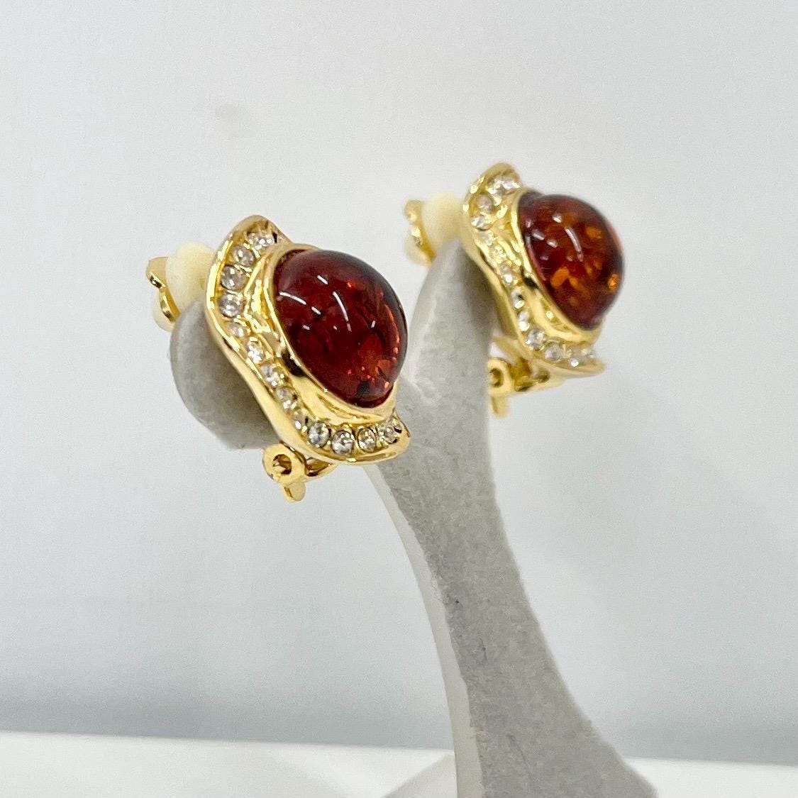 Vintage Faux Amber Round Clip On Earrings with a Clear Diamante Crystal Surround Gold Plated Hollywood Glamour TheGreenGlassGemShop