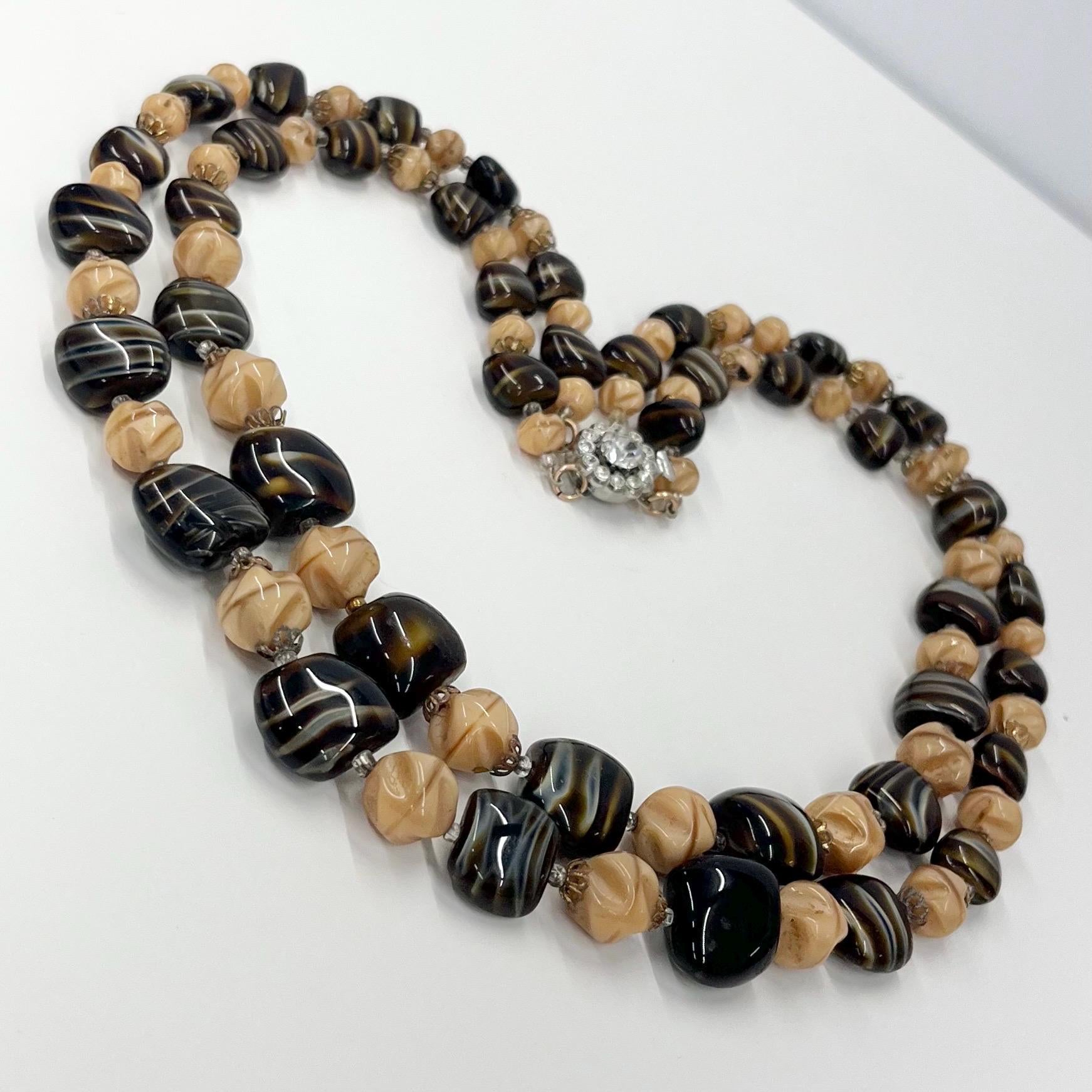 Vintage 1940’s 1950’s Two Strand Brown Caramel Striped Glass Beaded Necklace Great Quality Beads Vintage Jewellery 21” Long TheGreenGlassGemShop