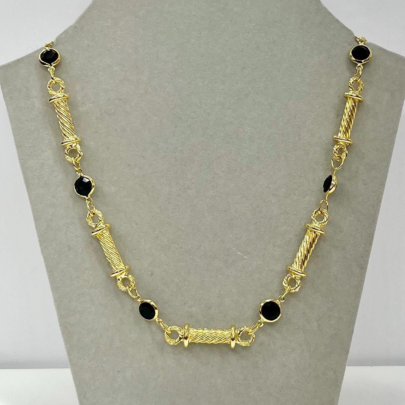 Vintage 22” Frank Usher Gold Tone Italian Bar Link Chain Necklace Black Rivioli Crystal Accents 1970’s - 1980’s Statement Power Chain TheGreenGlassGemShop