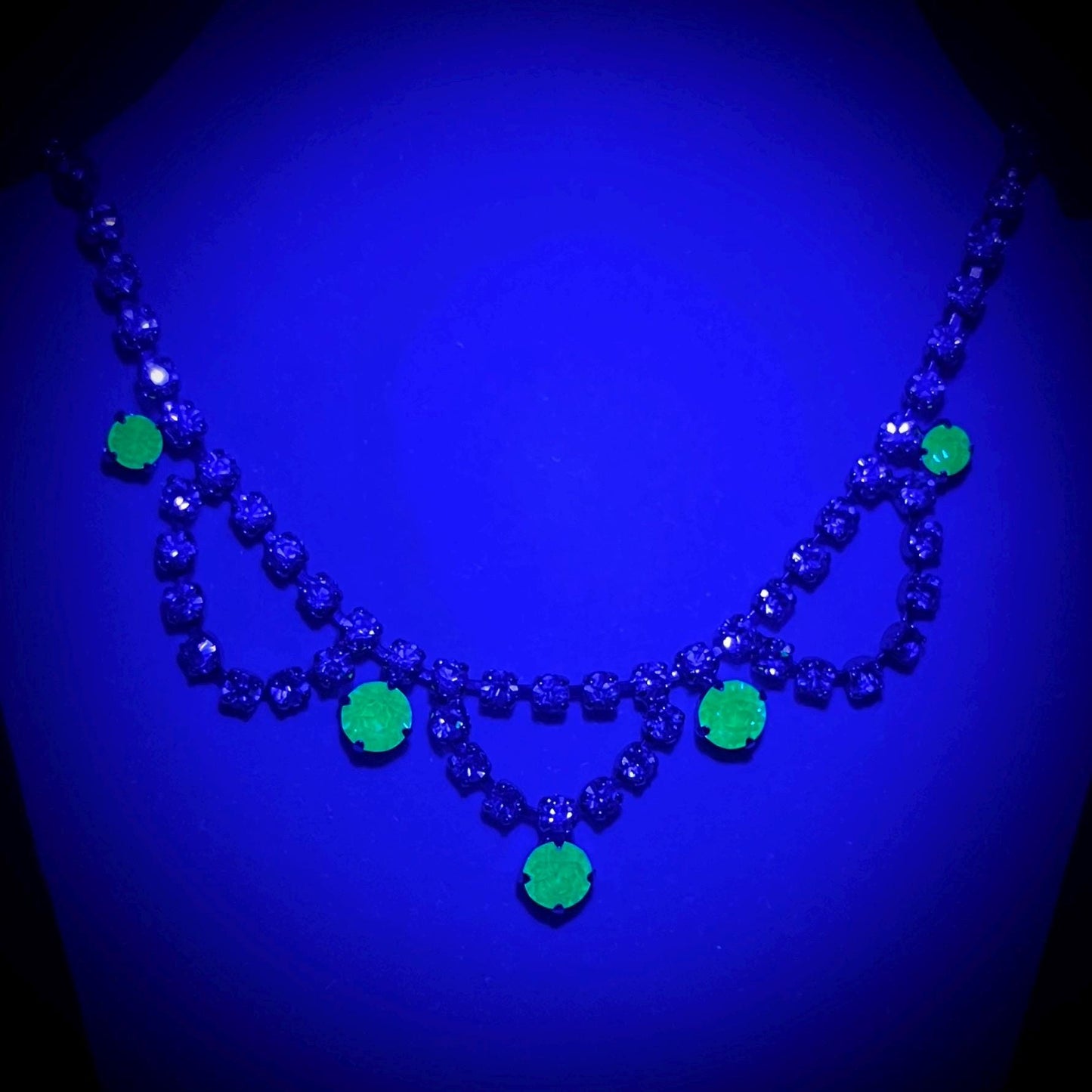 Vintage Green Uranium Glass Crystal Drop Necklace Silver Tone Metal Swag Design UV Reactive Glow Piece TheGreenGlassGemShop