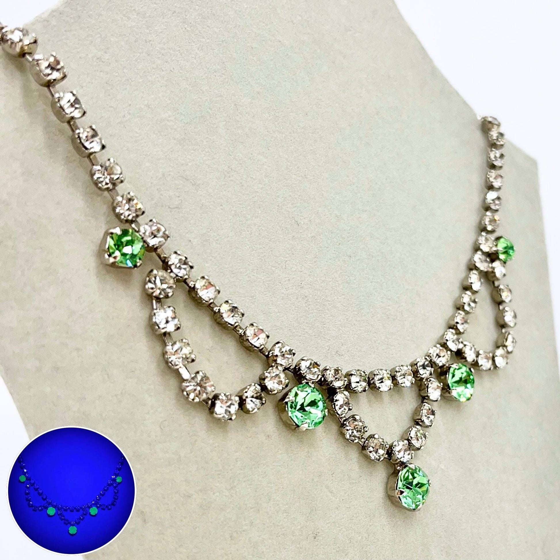 Vintage Green Uranium Glass Crystal Drop Necklace Silver Tone Metal Swag Design UV Reactive Glow Piece TheGreenGlassGemShop