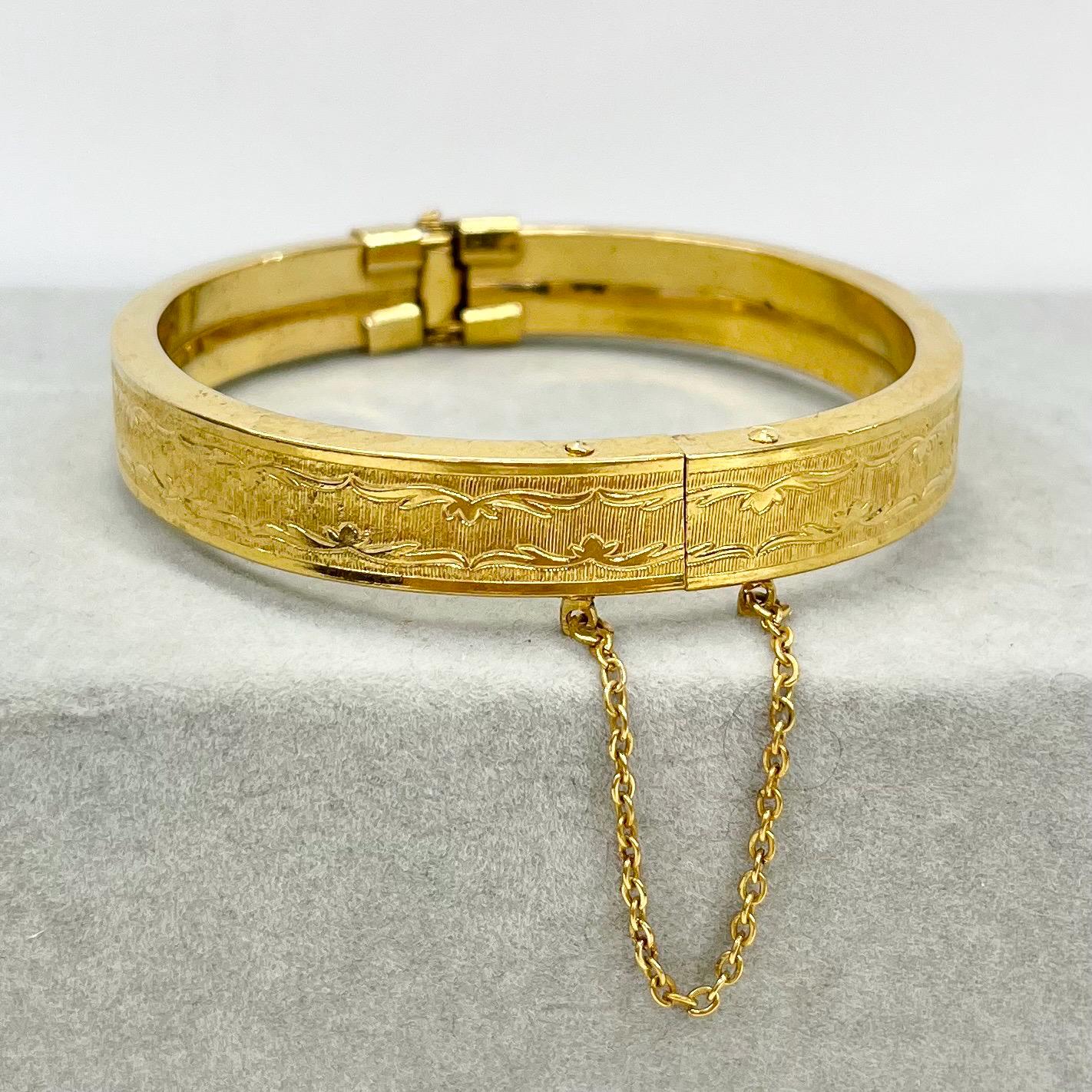 Vintage Gold Plate 1970’s 1980’s Engraved Pattern Bracelet Bangle with Safety Chain Costume Jewellery TheGreenGlassGemShop