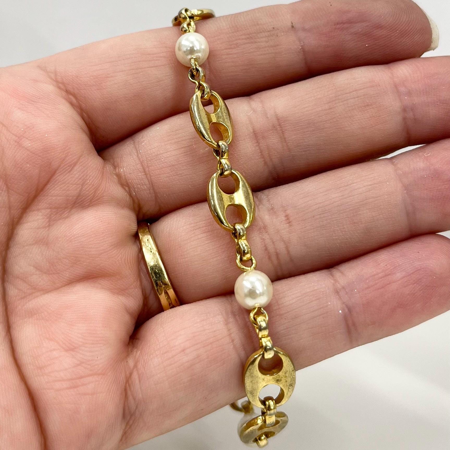 Vintage 18k Gold Plate Unusual Link and Glass Pearl Bead Bracelet Power Dressing Costume Jewellery 7.75” Long TheGreenGlassGemShop