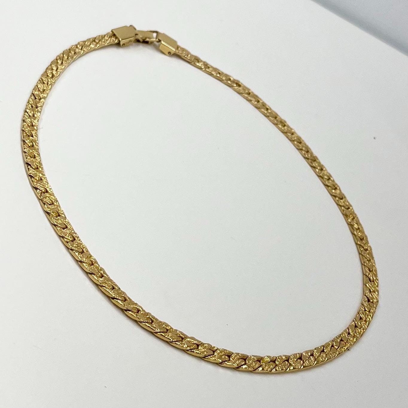 Vintage 16” Long Gold Plated Textured Flat Curb Chain Necklace 1980’s Statement Chain 5mm TheGreenGlassGemShop