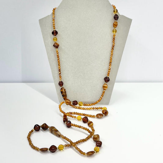 Vintage 46” Long Amber / Brown Coloured Glass Beaded Necklace Great Quality Oval Round & Bicone Beads Vintage Jewellery TheGreenGlassGemShop