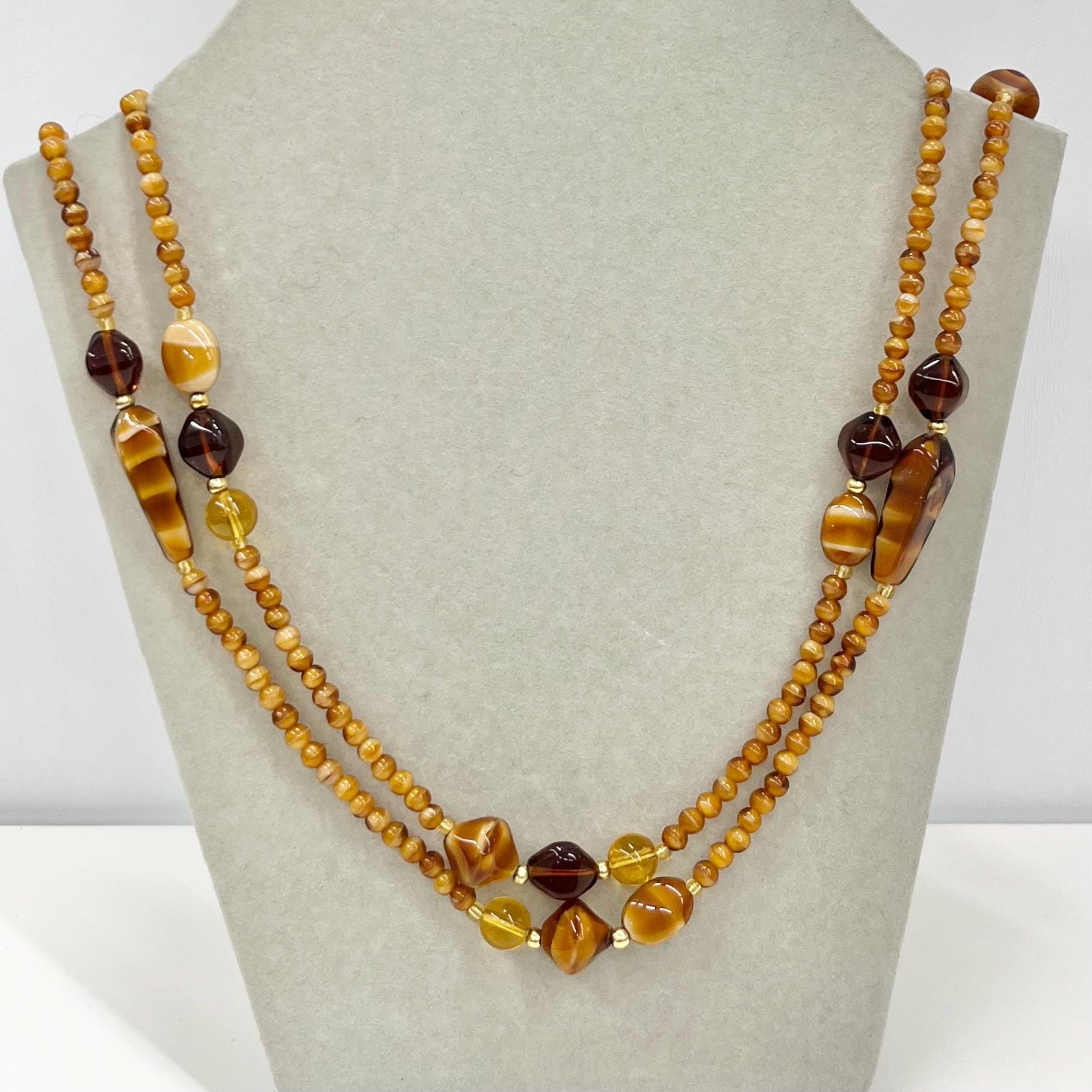 Vintage 46” Long Amber / Brown Coloured Glass Beaded Necklace Great Quality Oval Round & Bicone Beads Vintage Jewellery TheGreenGlassGemShop