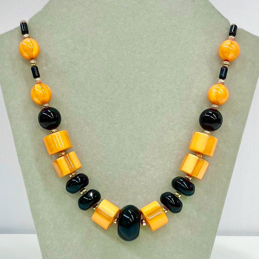 Vintage Bright Orange & Black Acrylic / Lucite / Plastic Barrel Bead Necklace 23” Long Chunky 12 x 20mm Beads TheGreenGlassGemShop