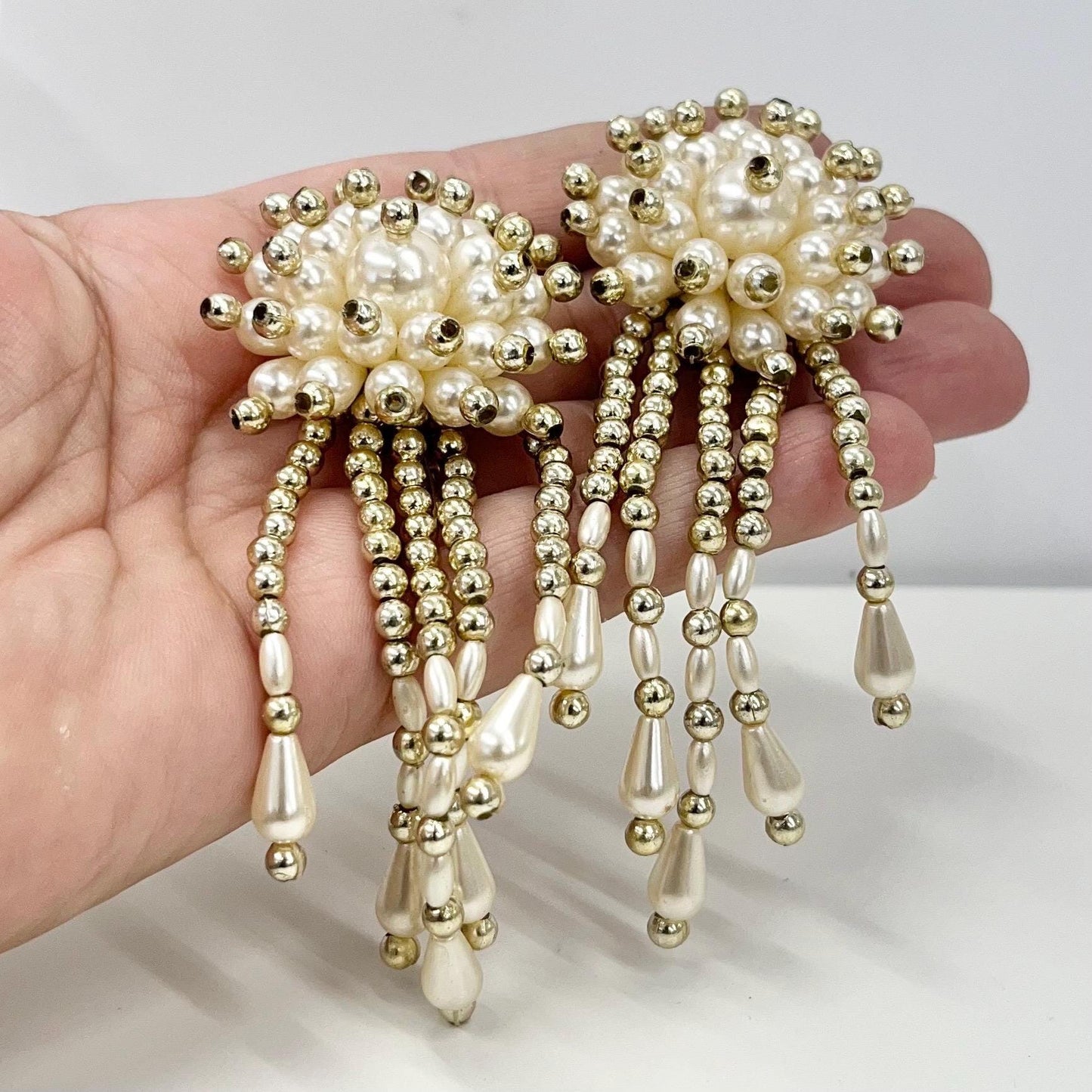 Vintage Faux Cream Pearl Cluster Statement Drop Clip On Earrings Fabulous Light Weight Hollywood Glamour TheGreenGlassGemShop