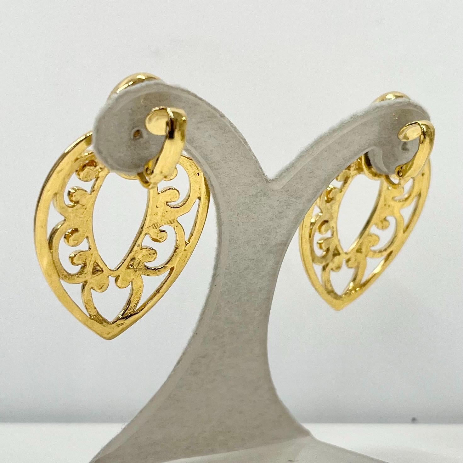 Vintage Gold Tone Large Almond Drop Clip On Earrings Cut Out Filigree Hoop Design 1970’s - 1980’s TheGreenGlassGemShop