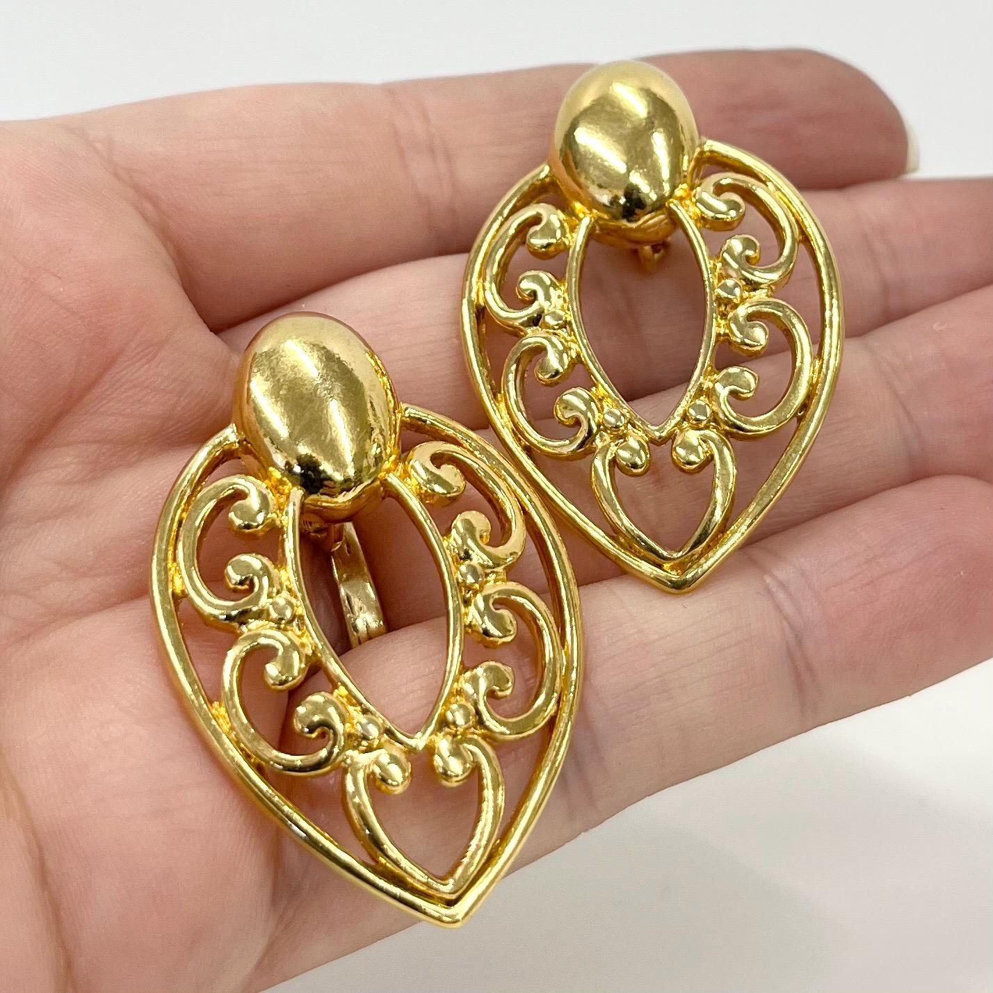 Vintage Gold Tone Large Almond Drop Clip On Earrings Cut Out Filigree Hoop Design 1970’s - 1980’s TheGreenGlassGemShop