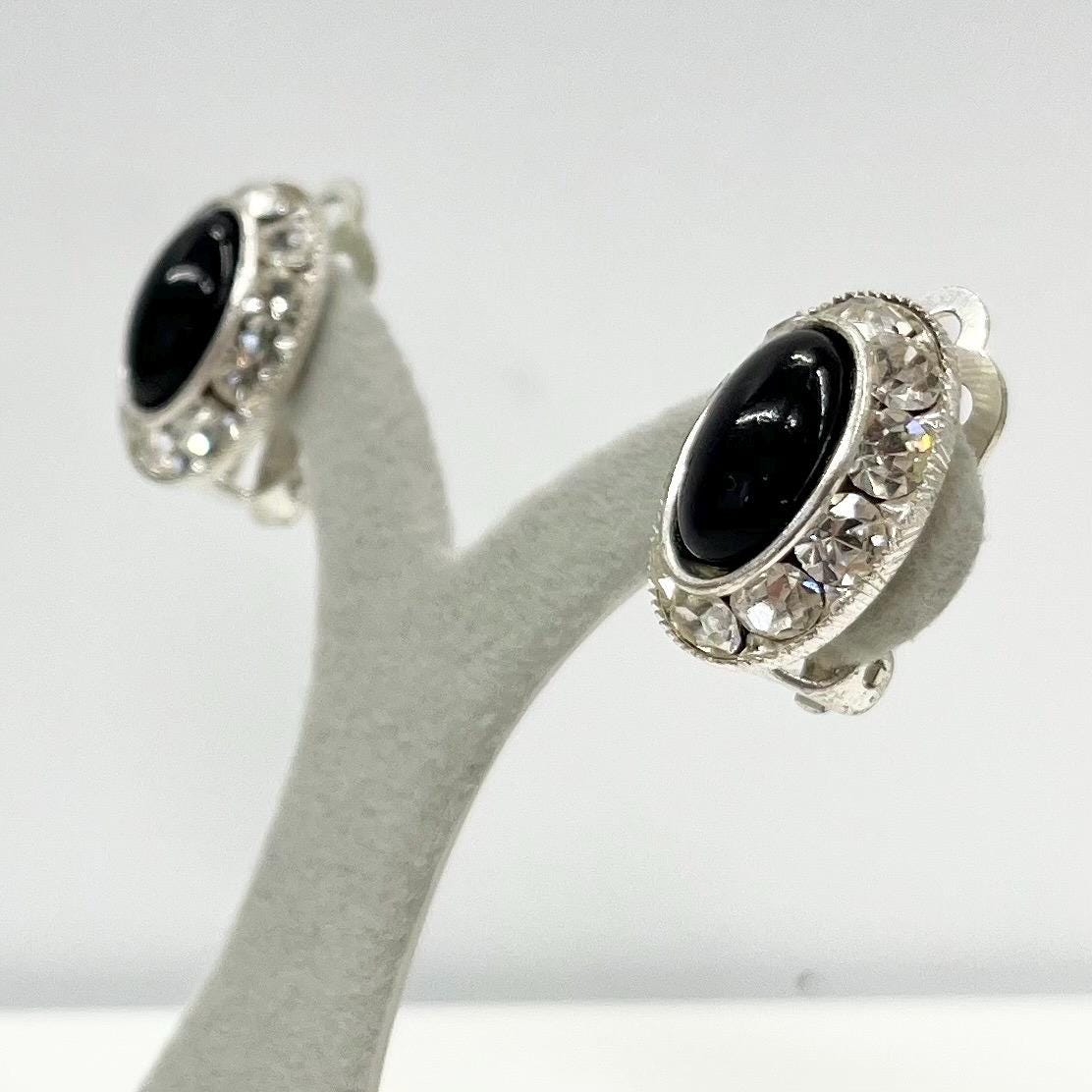 Vintage Silver Tone Black Glass Cabochon Clip On Earrings with a Clear Crystal Halo 1970’s - 1980’s TheGreenGlassGemShop